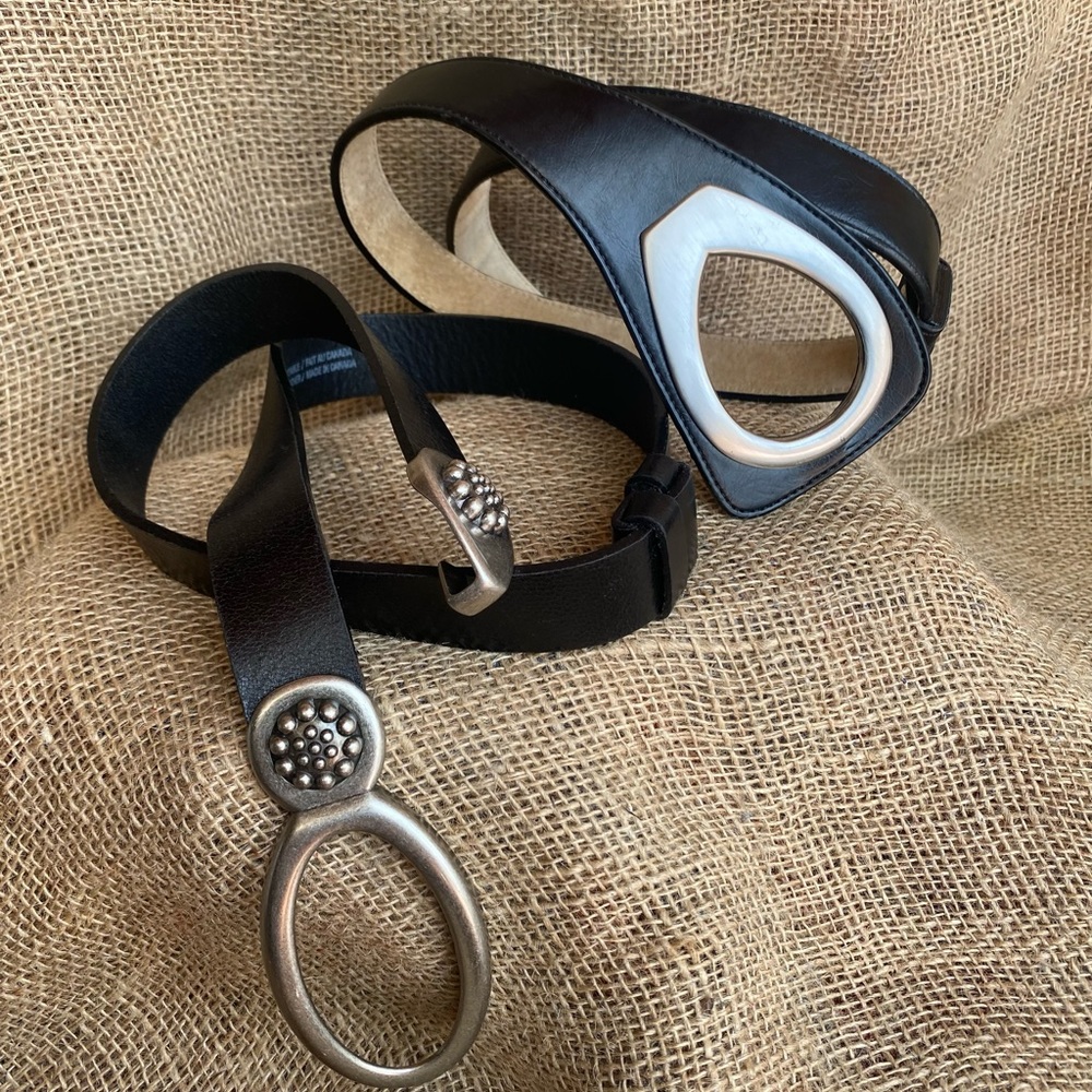 2 Adjustable Black Leather Women’s Belts with Silver Buckles